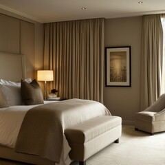 A luxurious bedroom interior with cozy neutral tones is displayed