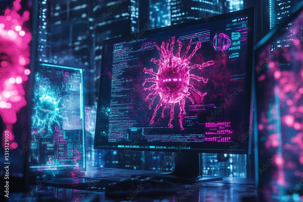 Poster futuristic computer display showing virus concept in cyber environment
