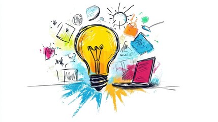 A team brainstorming advertising ideas with sketches and laptops on a white isolated background