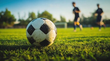 Obraz premium Close-up of a worn soccer ball on grass with players training in the background during sunset