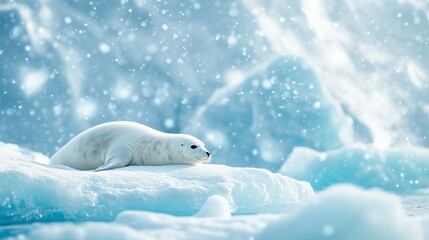 Fototapeta premium Seal on an ice floe in the Arctic landscape