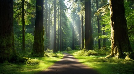 Obraz premium Sunlight filtering through trees in a dense forest path