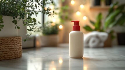 Cream bottle on marble countertop, greenery, warm lights