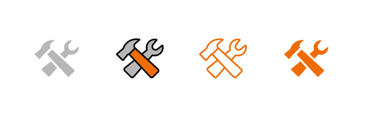 Four icons featuring a hammer and wrench in varied styles suggest tools and repair themes.