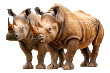 Realistic rhinoceros isolated on a transparent background. A powerful and muscular African rhino with thick wrinkled skin and large horn, standing in a side pose.
