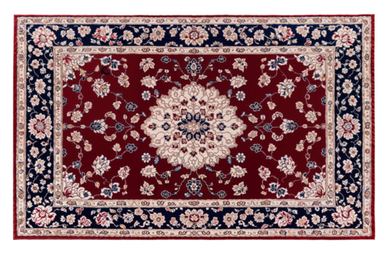 Luxurious Persian rug with intricate floral medallion pattern in deep red, blue and ivory isolated on transparent background, luxury handcrafted textile, classic home decor, png
