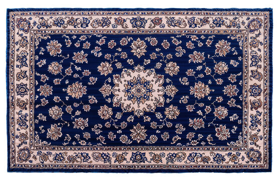 Ornamental carpet pattern with floral medallion in deep blue and cream