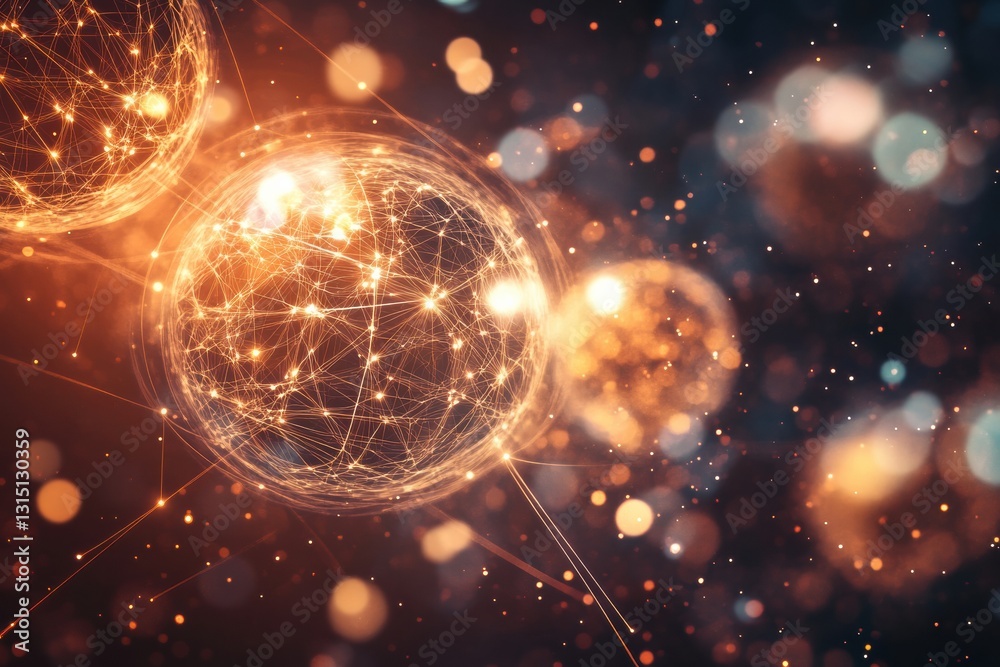 Poster Multiple spheres representing virtual worlds connect through illuminated beams in a cosmic setting featuring vibrant colors and thoughtful composition