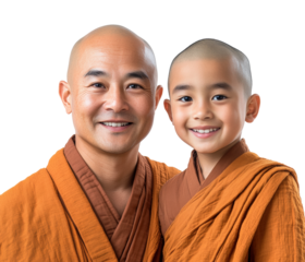 Monk and boy meditate together temple portrait isolated on transparent background, png