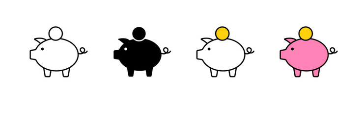Stylized piggy bank icons in black, white, and pink. emphasizes coin elements on each design.