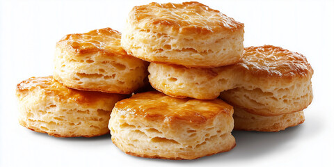 Buttermilk biscuits golden-brown, rising tall with homemade flaky layers and buttery appeal isolated on a white background