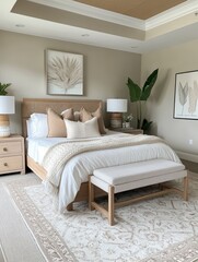 A beautifully designed bedroom with various neutral colored elements