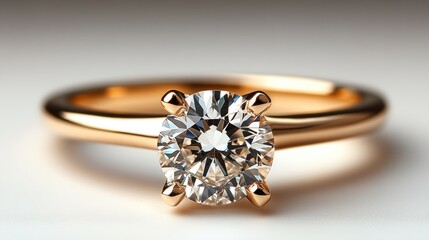 Golden Diamond Ring Close-up on White Background