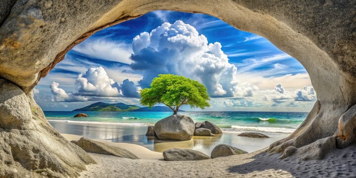 Double Exposure Moana Beach Scene: Serene Island Paradise, Gray Rock, Tropical Tree, Blue Sky, White Clouds