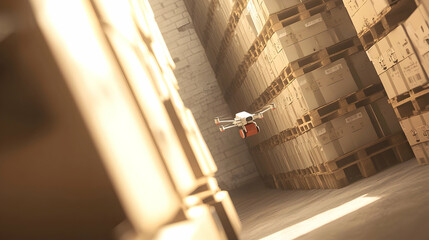 Drone warehouse inventory inspection; automated logistics; high-stacked boxes; sunlight; efficient storage
