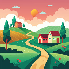 Fototapeta premium Colorful Countryside Landscape Illustration