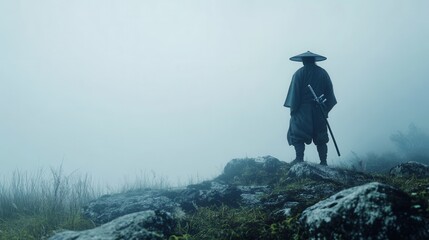 Obraz premium Samurai overlooking misty battlefield from rocky