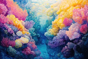 Fototapeta premium Vibrant underwater scene depicting a colorful coral reef with diverse species thriving in a sunlit channel.