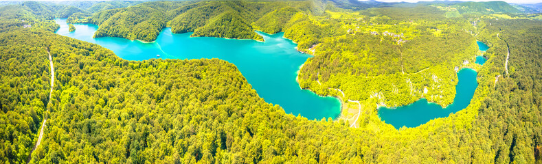 Plitvice lakes national park upper and lower lakes aerial panoramic view