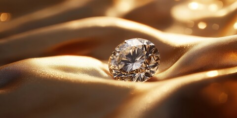 Obraz premium Sparkling diamond on golden silk fabric reflecting light and luxury concept