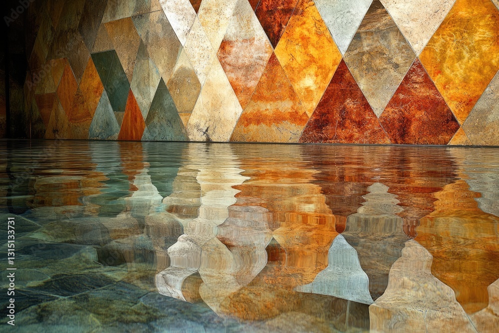 Aufkleber Geometric stone tiles reflected in still water create a mesmerizing abstract pattern of warm earth tones.