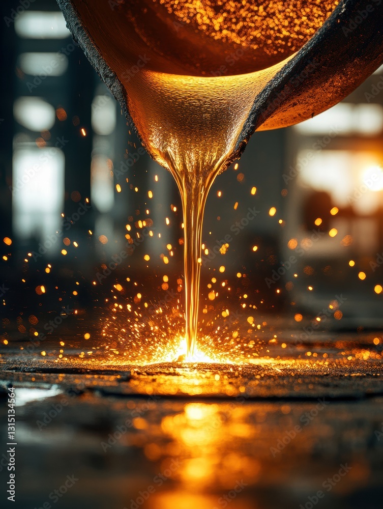 Poster Molten metal pours into casting molds, creating sparks and intense flames in an industrial setting filled with massive columns