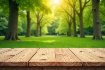 Fototapeta premium Serene Wooden Tabletop Overlooking a Lush Green Park with Sunlight Streaming Through the Trees