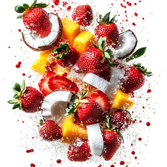A Burst of Strawberries Coconut and Mango Scattering Isolated on Transparent Background