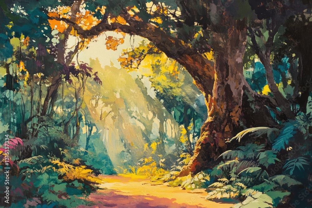 Poster sunlit path through a lush, vibrant jungle, with large trees and abundant foliage.