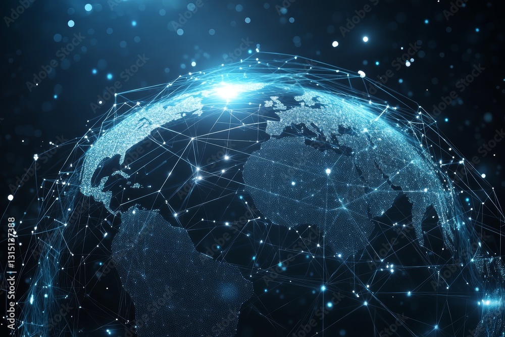 Poster a stunning visualization of the earth highlighted by bright connections and stars, emphasizing the c