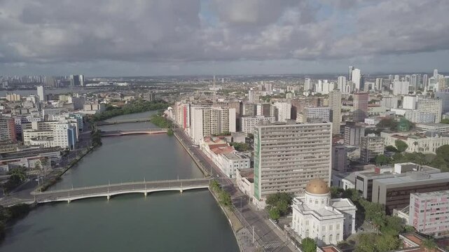 Aerial View of Recife Bridges, Capibaribe River, Pal&aacute;cio Campo das Princesas, Santa Isabel Theatre, Boats, City Hall, Water, Historic Houses
