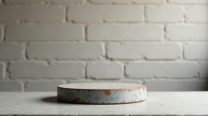 Rustic Concrete Circular Display Platform on a Neutral Surface Against a Softly Blurred Brick Wall Background, Ideal for Product Presentation and Visual Merchandising