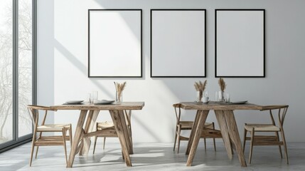 Scandinavian simple interior design living room, dining room with empty poster mockup on the wall