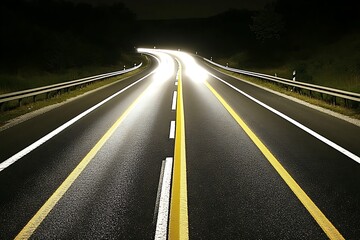 Night driving headlights illuminating an asphalt road adventure ride