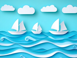 Paper layered ocean scenery with sailboats and fluffy cloud formations