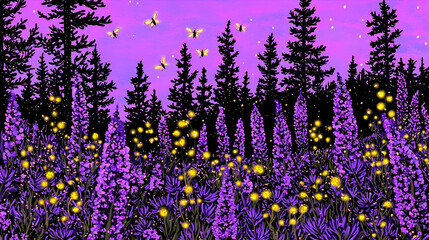 Purple lupine field at twilight, fireflies glowing, coniferous forest background; nature fantasy art for decor