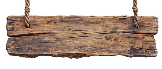 Rustic Weathered Brown Wooden Sign Hanging On Rope With Transparent Background