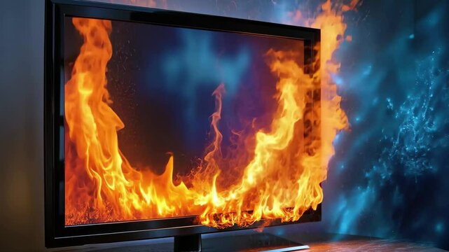 Visual representation of video signal damage on a television screen caused by fire and water effects, Damage to the video signal prevention of the TV or digital monitor