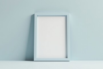 A pale blue rectangular frame rests against a light blue wall, providing a minimalist blank canvas for design inspiration