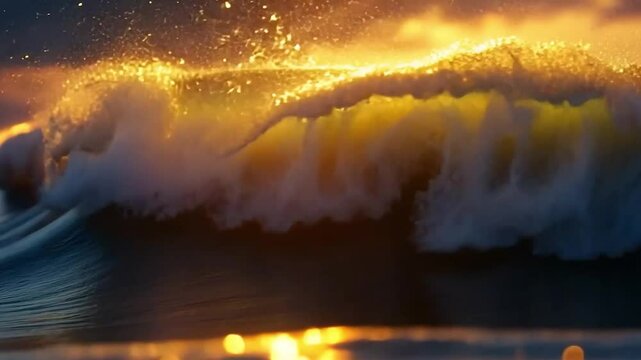 Golden wave breaking, ocean sunrise, powerful surge, potential stock image