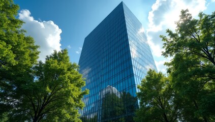 Exemplifying the ESG - Environmental, Social, Governance concept, a corporate glass building facade reflects green trees. Importance of integrating sustainability into business practice
