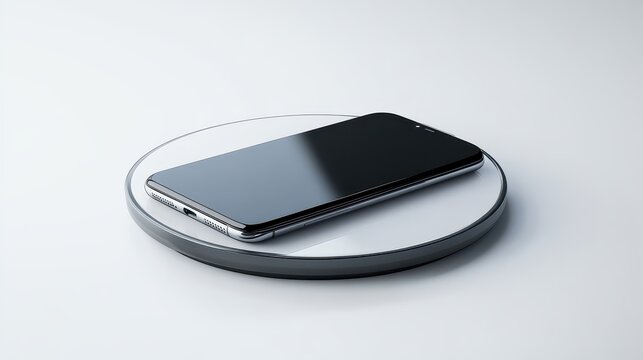 A modern wireless charging pad with a smartphone placed on top, on a white isolated background