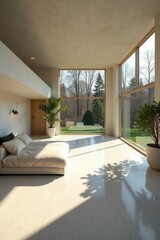 Fototapeta premium Serene Minimalist Bedroom Design with Expansive Window Views of a Lush Green Landscape