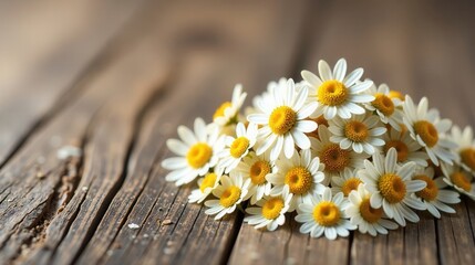 Fototapeta premium A delightful cluster of delicate chamomile flowers rests gently on a rustic wooden surface, creating a picturesque scene of natural beauty