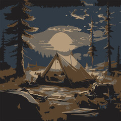 Camping Tent in Forest Landscape at Sunset

