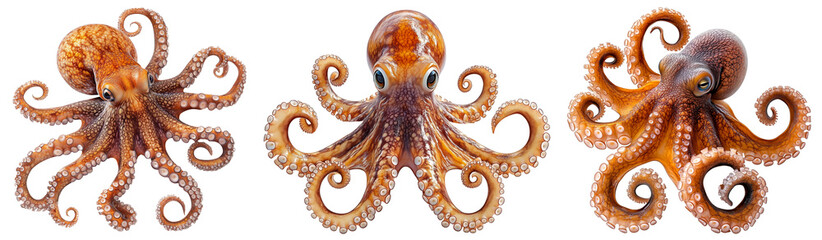 Obraz premium Set of octopuses isolated on a transparent background. Collection of three realistic octopuses with curled tentacles, detailed suction cups, and textured skin