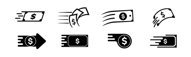 A minimalistic black money transfer logo featuring a dollar sign, arrow, and flat design, symbolizing fast payments, financial success, and smooth cash flow for business and marketing purposes.