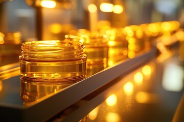 Amber Glass Jars on Conveyor Belt in Factory Setting