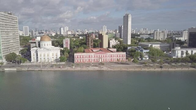 Aerial View of Recife Bridges, Capibaribe River, Pal&aacute;cio Campo das Princesas, Santa Isabel Theatre, Boats, City Hall, Water, Historic Houses