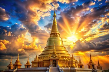 Fototapeta premium Golden Pagoda Clouds Sky, Pagoda in Clouds, Asian Temple, Heavenly Pagoda, Spiritual Architecture, Golden Spire, Cloud Photography